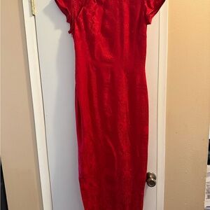 Shanghai Tang Red Satin Cheongsam Maxi Dress w/ scarf